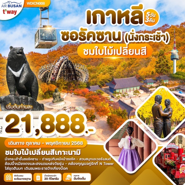 อินชอน โซล หมู่บ้านโบราณอึนพยอง เกาะนามิ ใบไม้สวยมากที่สุด 
ขึ้นกระเช้าอุทยานซอรัคซาน(รวมกระเช้า) 
สวนสนุกเอเวอร์แลนด์(รวมบัตร) 
ใส่ชุดฮันบกพระราชวังเคียงบ๊อคคุง
ช้อปปิ้งตลาดดัง เมียงดง ฮงแด 
เดินขึ้น N Tower คล้องกุญแจคู่รัก
กินบุฟเฟ่ห์ ปิ้งย่าง ,อาหารเกาหลีจัดเต็ม
มีหัวหน้าทัวร์จากไทย+Local เกาหลี
