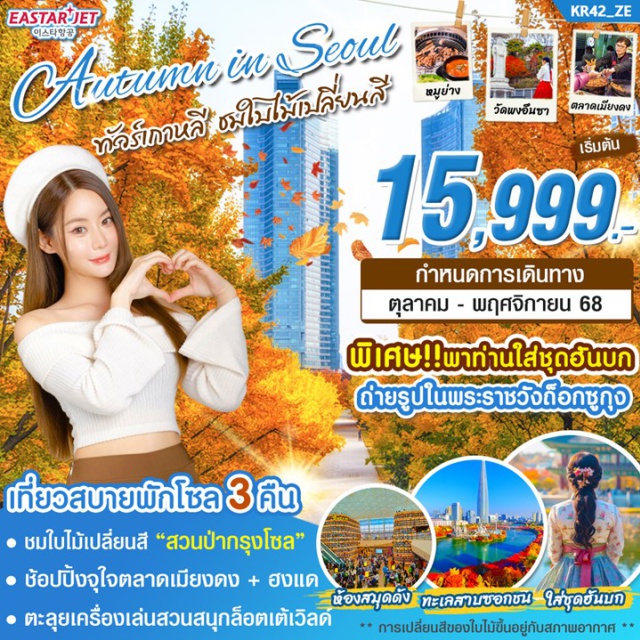 โซล ฮงแด เมียงดง เที่ยวสบายพักโซล 3 คืน - ชมใบไม้เปลี่ยนสี 'สวนปากรุงโซล' - ช้อปปิ้งจุใจตลาดเมียงดง + ฮงแด - ตะลุยเครื่องเล่นสวนสนุกล็อตเต้เวิลด์