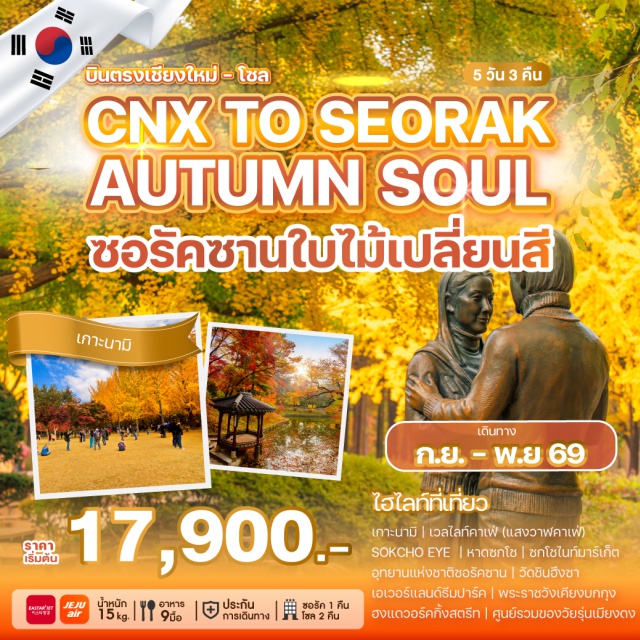 บินตรงเชียงใหม่ นามิ ซอรัคซาน เอเวอร์แลนด์ เกาะนามิ (Nami Island) ㆍ อุทยานแห่งชาติซอรัคซาน (Seoraksan National Park) ㆍ เอเวอร์แลนด์ (Everland) ㆍ พระราชวังเคียงบกกุง (Gyeongbokgung Palace) ㆍ ฮงแดวอร์คกิ้งสตรีท (Hongdae Walking Street) #เที่ยวเต็มไม่มีวันอิสระ