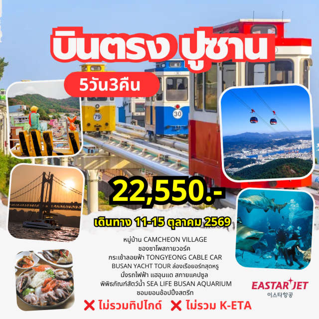 บินตรงเชียงใหม่ ปูซาน ทงยอง กระเช้าลอยฟ้าทงยอง (Tongyeong Cable Car) ㆍ หมู่บ้านวัฒนธรรมคัมชอน (Gamcheon Culture Village) ㆍ วัดแฮดงยงกุงซา (Haedong Yonggungsa Temple) ㆍ แฮอุนแดสกายแคปซูล (Haeundae Sky Capsule) ㆍ Busan Yacht Tour (Busan Yacht Tour) #เที่ยวเต็มไม่มีวันอิสระ