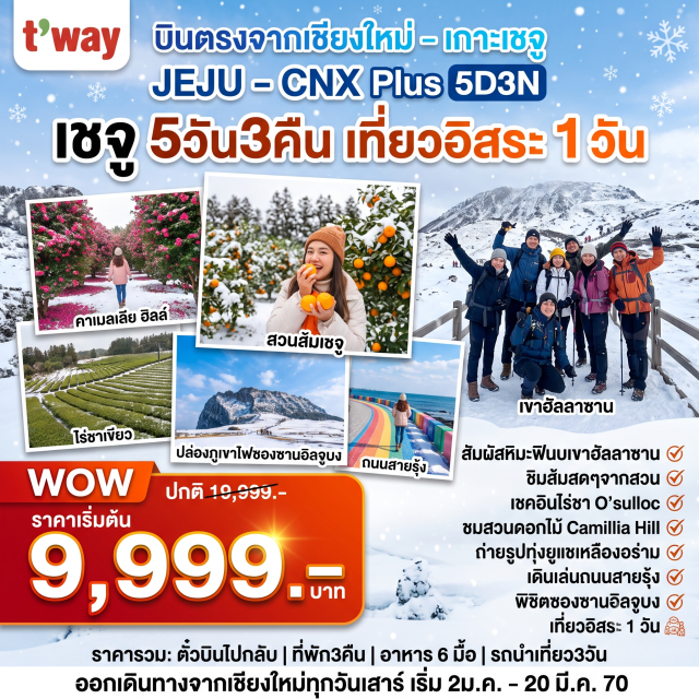 เชจู ภูเขาฮัลลาซาน ไร่ชาโอซุลล็อค ภูเขาไฟซองซานอิลจูบง หมู่บ้านวัฒนธรรมซองอึบ ถน ชายหาดอีโฮเทอู (Iho Tewoo Beach)ㆍภูเขาฮัลลาซาน (Hallasan Mountain)ㆍไร่ชาเขียวโอซุลล็อค (O'sulloc Tea Museum)ㆍสวนส้มไร้เมล็ด (Orange Farm)ㆍคามิลเลียฮิลล์ (Camellia Hill)ㆍวัดซันบังโพมุนซา (Sanbangsa Temple)ㆍถนนสายรุ้ง (Rainbow Coastal Road)ㆍศูนย์เครื่องสำอาง (Cosmetic Shop)ㆍสวนเอโคแลนด์ (Eco Land Theme Park)ㆍหมู่บ้านวัฒนธรรมซองอึบ (Seongeup Folk Village)ㆍภูเขาไฟซองซานอิลจุลบง (Seongsan Ilchulbong)ㆍทุ่งดอกคาโนเลีย หรือดอกยูแช (Canola Flowers Field)ㆍเจจูดรีมทาวเวอร์ (Jeju Dream Tower)ㆍวัดป่าชอนวังชา (Cheonwangsa Temple)ㆍศูนย์น้ำมันสนเข็มแดง (Red Pine Tree Center)ㆍศูนย์โสม (Korea Ginseng Center)ㆍร้านค้าปลอดภาษี (Duty Free Shop)ㆍตลาดดาวน์ทาวน์ยอนดง (Down Town Yeondong)
