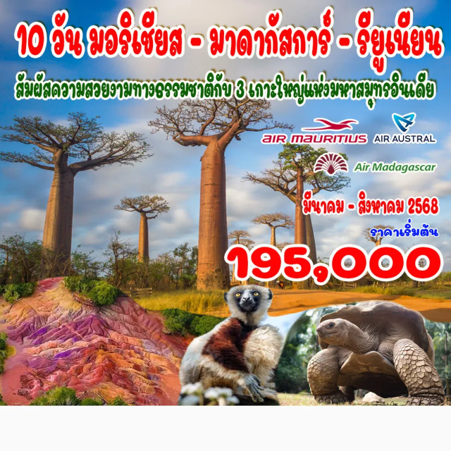 มอริเชียส เบาบับอีฟ พอร์ทหลุยส์ มอริเชียส – น้ำตกชามาเรล – หาดทรายเจ็ดสี – พอร์ทหลุยส์ - มาดากัสการ์ – อันตานานาริโว – โมรอนดาวา คิรินดิ (นั่งรถ 4WD) – เบาบับอีฟ – รียูเนียน (เรอูว์นิยง) พักค้าง 2 คืน – แซง เดอนี – ภูเขาไฟปิตงเดอร์ลาซาส