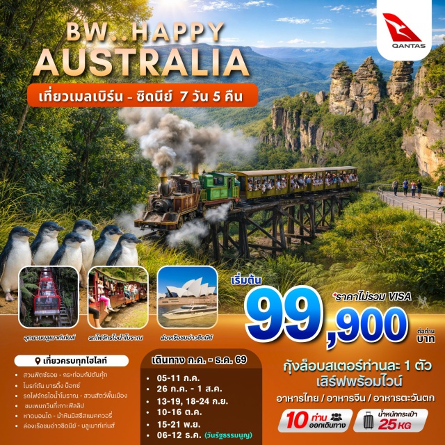 โอเปร่าเฮาส์ เกรทโอเชียนโร้ด บลูเมาท์เท่นส์ เมลเบิร์น (Melbourne)ㆍสวนฟิตซ์รอย (Fitzroy Gardens)ㆍกระท่อมกัปตันคุ้ก (Captain Cook’s Cottage)ㆍช้อปปิ้งย่านใจกลางเมือง (City Center Shopping)ㆍรถไฟจักรไอน้ำโบราณ (Puffing Billy Railway)ㆍสวนสัตว์พื้นเมือง (Native Wildlife Park)ㆍเกาะฟิลลิป (Phillip Island)ㆍชมนกเพนกวิน (Penguin Parade)ㆍGreat Ocean Road (Great Ocean Road)ㆍGibson Steps (Gibson Steps)ㆍ12 Apostles (Twelve Apostles)ㆍLondon Bridge (London Arch)ㆍซิดนีย์ (Sydney)ㆍหาดบอนได (Bondi Beach)ㆍม้าหินมิสซีสแมคควอรี่ (Mrs Macquarie's Chair)ㆍย่านเดอะร๊อค (The Rocks)ㆍล่องเรือชมอ่าวซิดนีย์ (Sydney Harbour Cruise)ㆍอุทยานแห่งชาติบลูเมาท์เท่นส์ (Blue Mountains National Park)ㆍSCENIC WORLD (Scenic World)ㆍเขาสามอนงค์ (Three Sisters)ㆍห้าง Q.V.B (Queen Victoria Building)#เที่ยวเต็มไม่มีวันอิสระ