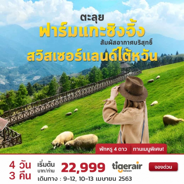  •ชวนคุณไปใกล้ชิดธรรมชาติอากาศบริสุทธิ์ที่ฟาร์มแกะชิงจิ้งที่ได้ชื่อว่า'สวิสเซอร์แลนด์ไต้หวัน'ชมความน่ารักของแกะและสัตว์ต่างๆสัมผัสกับทัศนียภาพอันน่าตื่นตาตื่นใจ
•ล่องเรือชมวิวสุดโรแมนติกทะเลสาบสุริยันจันทราความงดงามท้องทะเลสถานที่ท่องเที่ยวชื่อเสียงระดับโลก
•เที่ยวไหว้พระขอพรวัดศักดิ์สิทธิ์ของไต้หวันขอพรเทพเจ้าณวัดเหวินหวู่
•ดื่มด่ำความสุนทรีย์จากภูเขาสูงแวะชิบชาอู่หลงชาต้นตำรับและขึ้นชื่อของชาวไต้หวัน
•มาไต้หวันทั้งทีจะพลาดได้ไงพาคุณเช็คอินแลนด์มาร์คไฮไลท์ณตึกไทเป101
•เที่ยวชมสถาปัตยกรรมความงามของไทเปสุดยิ่งใหญ่ที่สำคัญณอนุสรณ์สถานเจียงไคเช็ค
•ช้อปปิ้งให้กระหน่ำแหล่งช้อปปิ้งตลาดกลางคืนไต้หวันอันโด่งดัง“ซีเหมินติง”
พิเศษ!ลิ้มรสปลาประธานาธิบดีสัมผัสความอร่อยอาหารชื่อดังของไต้หวันที่ห้ามพลาด
•บินตรงสู่ไต้หวันสะดวกสบายโดยสายการบินTigerairTaiwanสายการบินคุณภาพและยอดเยี่ยมแห่งปี