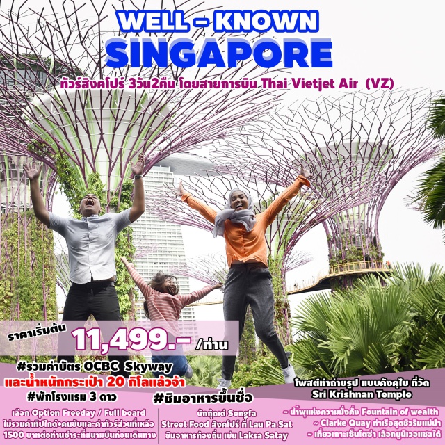 GardenByTheBay LittleIndiaStreetART อุโมงต้นไม้ เข้าชม GARDEN BY THE BAY พิเศษ!!นำท่านขึ้นชมวิวบนทางเดินลอยฟ้า Super tree  
แวะให้ท่านได้เก็บภาพคังคุไบสไตล์ย่านStreetArtKampongGlamStreetและ Little India
นำท่านขอพรเสริมศิริมงคล ณ วัดแขก Sri Krishnan/ขอพรเจ้าแม่กวนอิมวัด Kwan Im Thong Hood Cho Temple ไหว้พระเขี้ยวแก้ว ที่ไชน่าทาวน์
ชมเมืองสิงคโปร์ และ ถ่ายรูปคู่เมอร์ไลอ้อน สัญลักษณ์ของประเทศ
สัมผัส ย่านคลากคีย์ (Clarke Quay) เป็นย่านท่องเที่ยวและกินดื่มริมแม่น้ำสิงคโปร์ 
ชมการแสดงโชว์แสงสีเสียงและน้ำที่ใหญ่ที่สุดในSouthEast Asia กับ Wonder Full Light
ช้อปปิ้งสินค้า BRAND NAME ที่มารีน่าเบย์แซนด์ และถนนออร์ชาด พร้อมเดินถ่ายรูป
FORT CANNING PARK อุโมงค์ต้นไม้ในสวนสาธารณะโบราณ ยุคสงครามโลก
#รูดบัตรไม่ชาร์จ